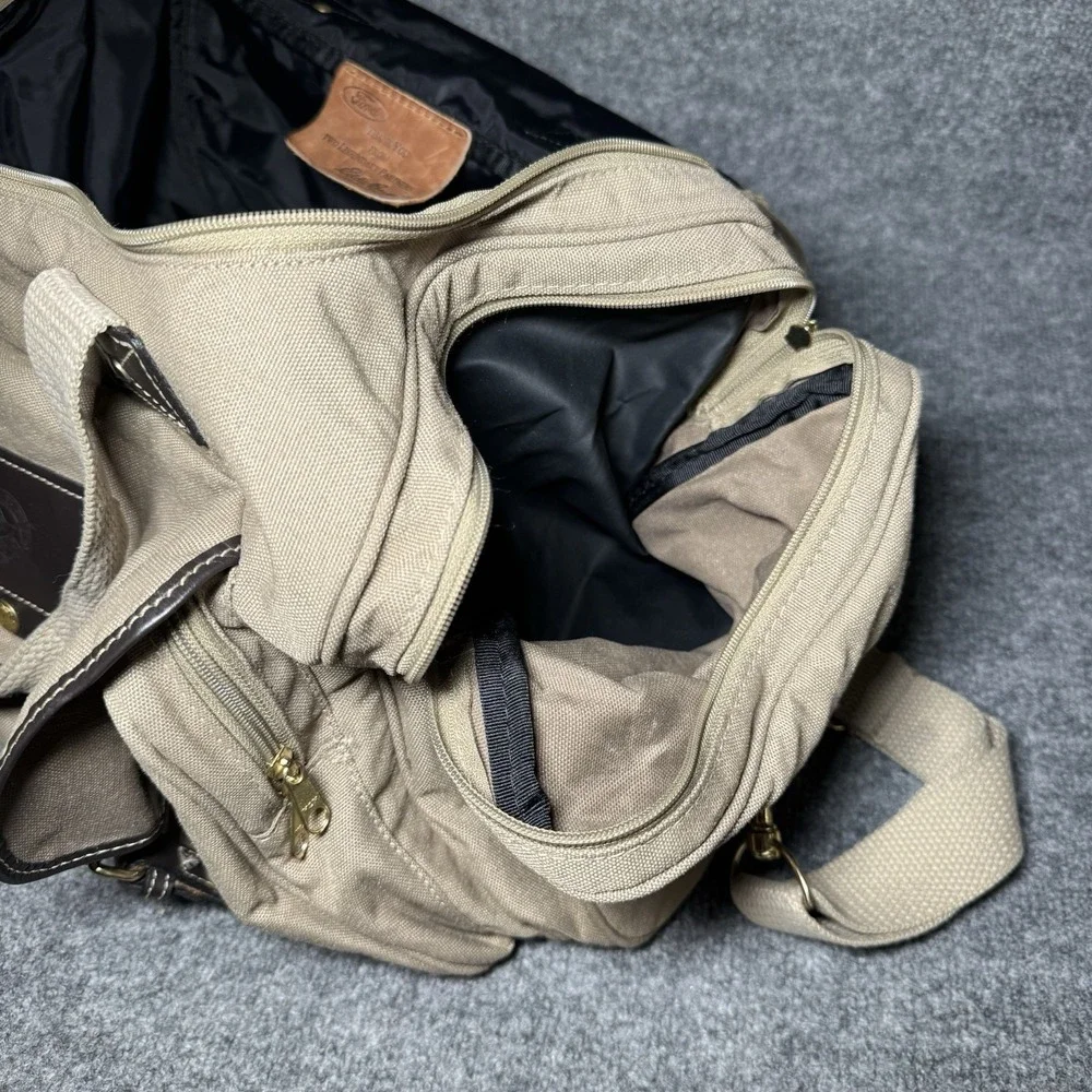 VTG Eddie Bauer Duffle Bag Canvas Leather Trim Ford Travel Utility Weekender